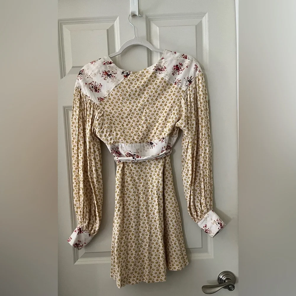 Free People Wonderland Printed Mini Dress Ivory Floral balloon sleeves boho XS